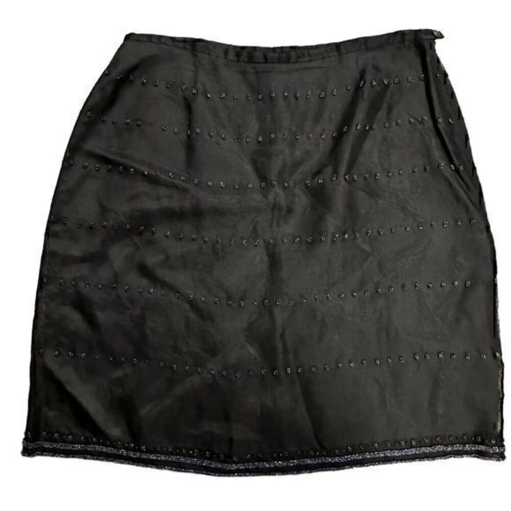 J. Crew Black 100% Silk Beaded High Waist Mid Length Lined Skirt Size 14